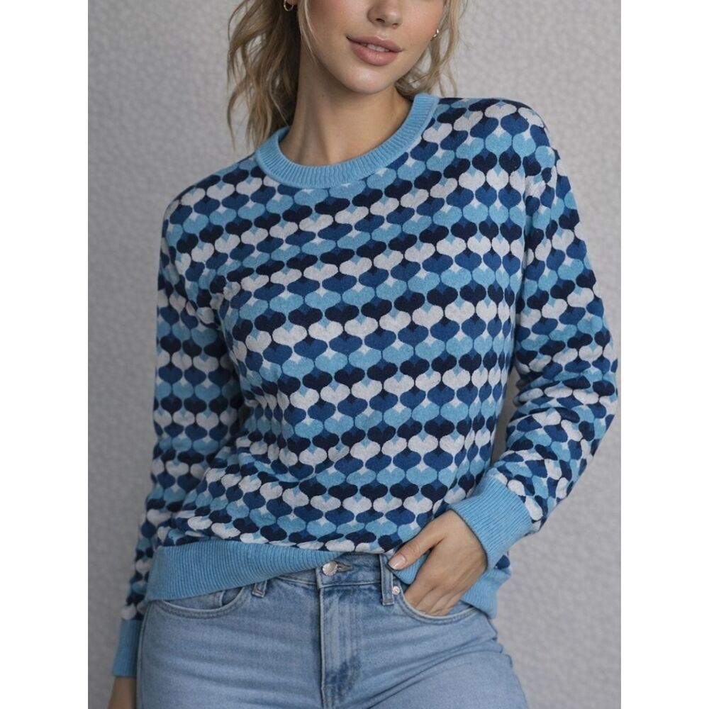 877 NWT Lesley Evers Sylvie Heart Sweater Blue Geometric Heart Knit XS/S